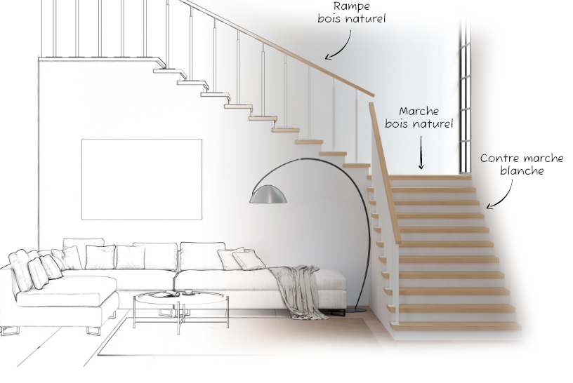 Illustration d'un escalier plus schéma et annotations, fabrication D2Bois